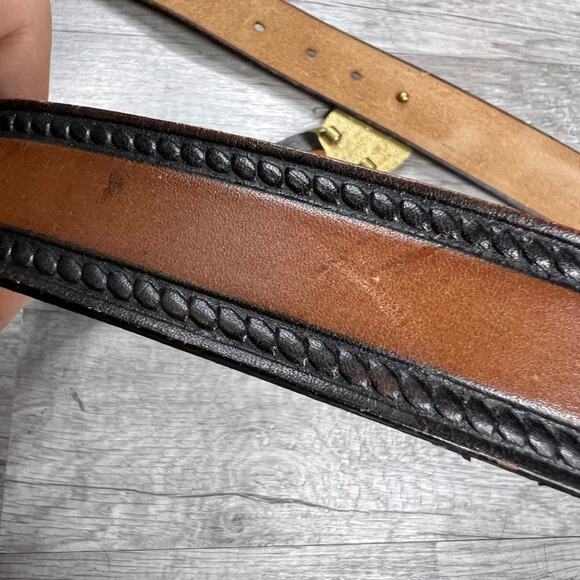 Vintage 80s Leather Brown Black Belt Baron Solid Bass Buckle main image 4